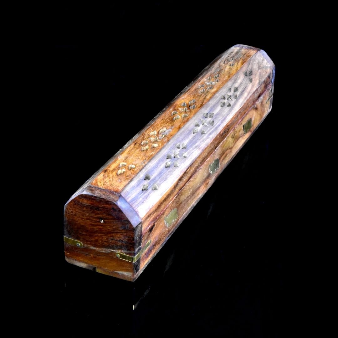 12" Wooden Incense Box with Metal Inlay featuring Elephant Design