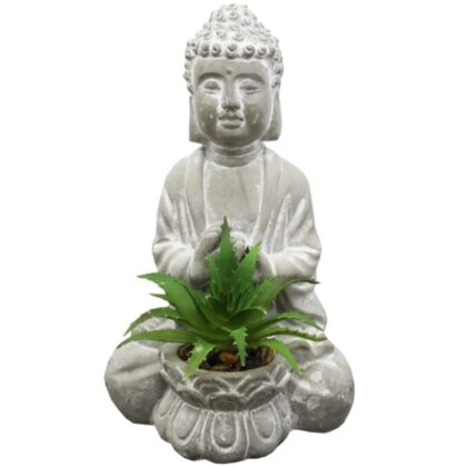 6-inch Tall Decorative Buddha Statue with Fake Plants and Rocks