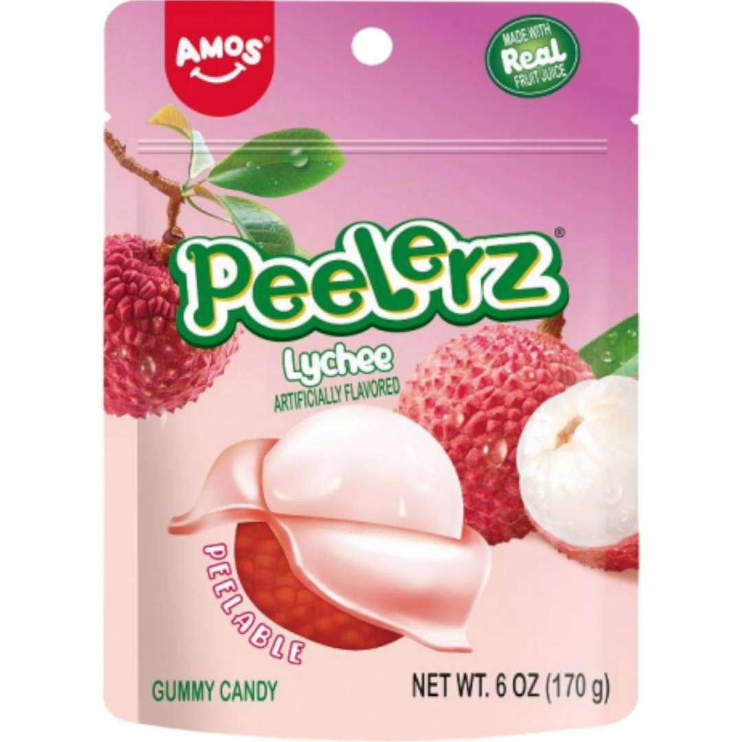 Amos Peelerz Lychee Gummy Candy - Peelable Fruit-Shaped Snack with Real Juice - 240g Box
