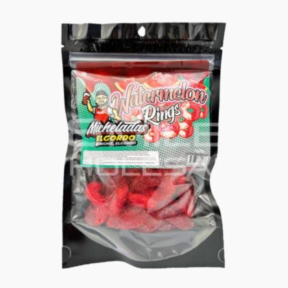Spicy watermelon gummy rings with chamoy chili lime flavor