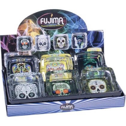 Fujima 4.5" Square Glass Ashtray with Sugar Skulls design