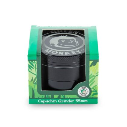 Green Monkey Capuchin 50mm Zinc Grinder in Black - Premium Herb Grinder with Metal Screen and Mesh Sifting Screen