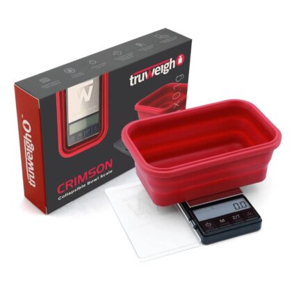 Truweigh Crimson Collapsible Bowl Scale - 1000g x 0.1g digital scale with collapsible silicone tray and locking lid